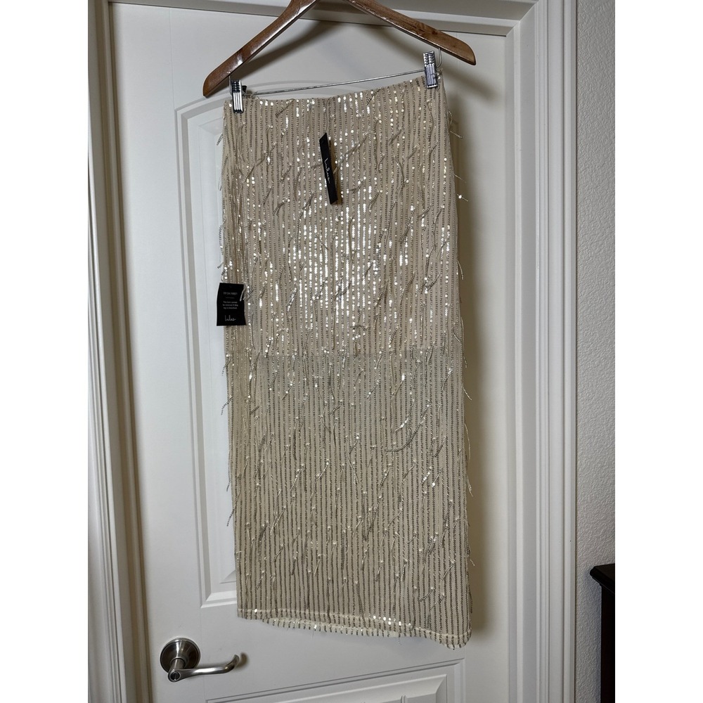 Lulus Sequin Fringe Pencil Skirt Champagne Sparkle Party, Y2K Midi Size M